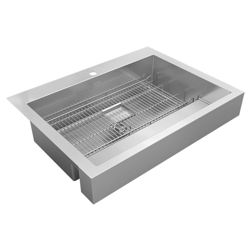 Henry Kitchen and BathElkayDart Canyon Stainless Steel 35-7/8'' x 27-1/4'' x 9-5/8'', 1-Hole Single Bowl Farmhouse ADA Workstation Sink with 4-13/16'', Deep Work Shelf