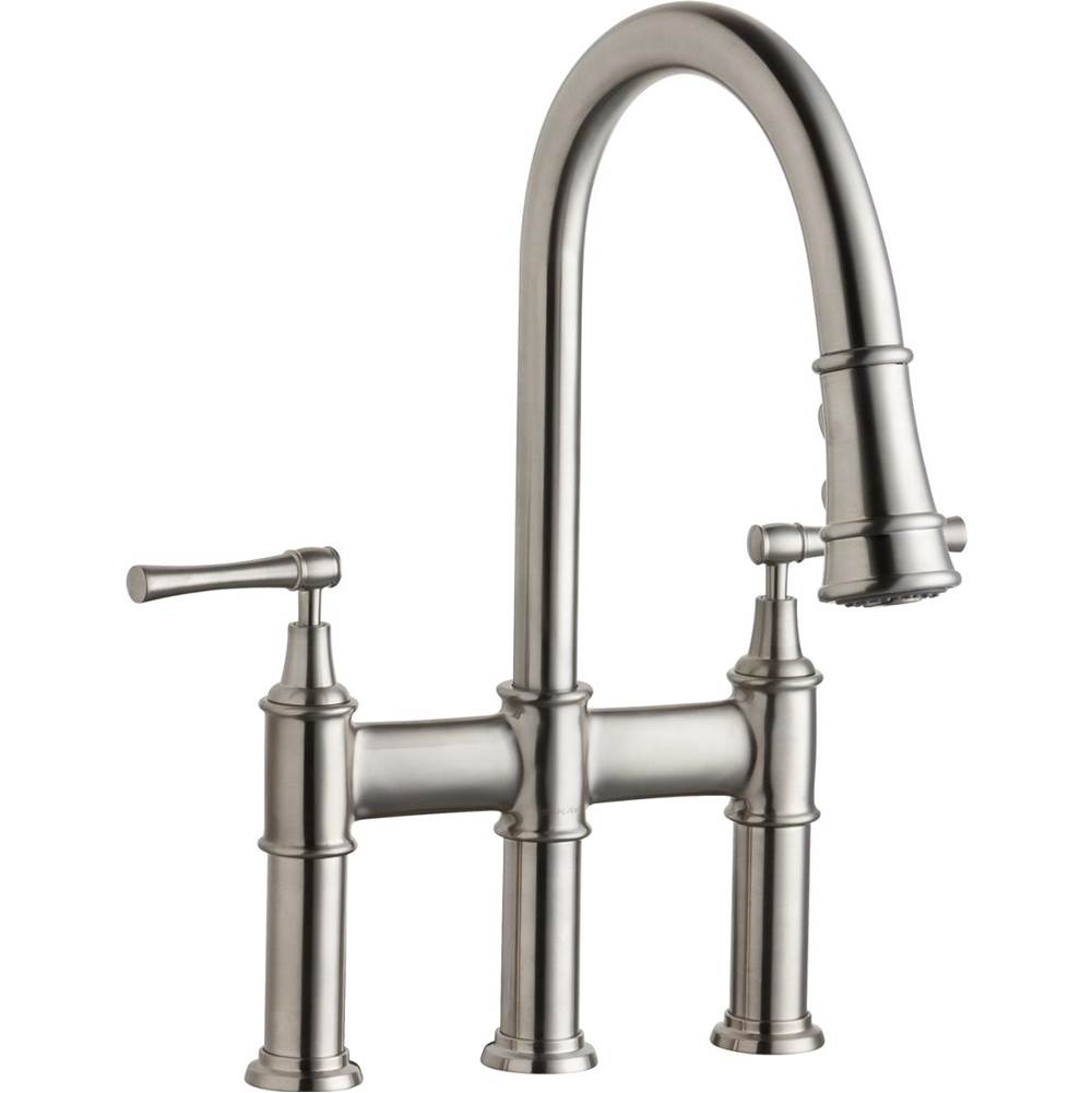 Henry Kitchen and BathElkayExplore Three Hole Bridge Faucet with Pull-down Spray and Lever Handles Lustrous Steel