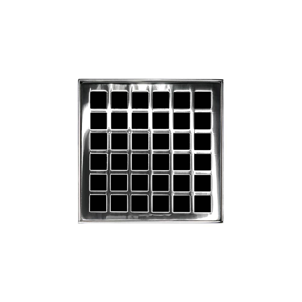 Henry Kitchen and BathInfinity Drain4'' x 4'' QDB 4 Complete Kit with Squares Pattern Decorative Plate in Polished Stainless with PVC Bonded Flange Drain Body, 2'', 3'' and 4'' Outlet