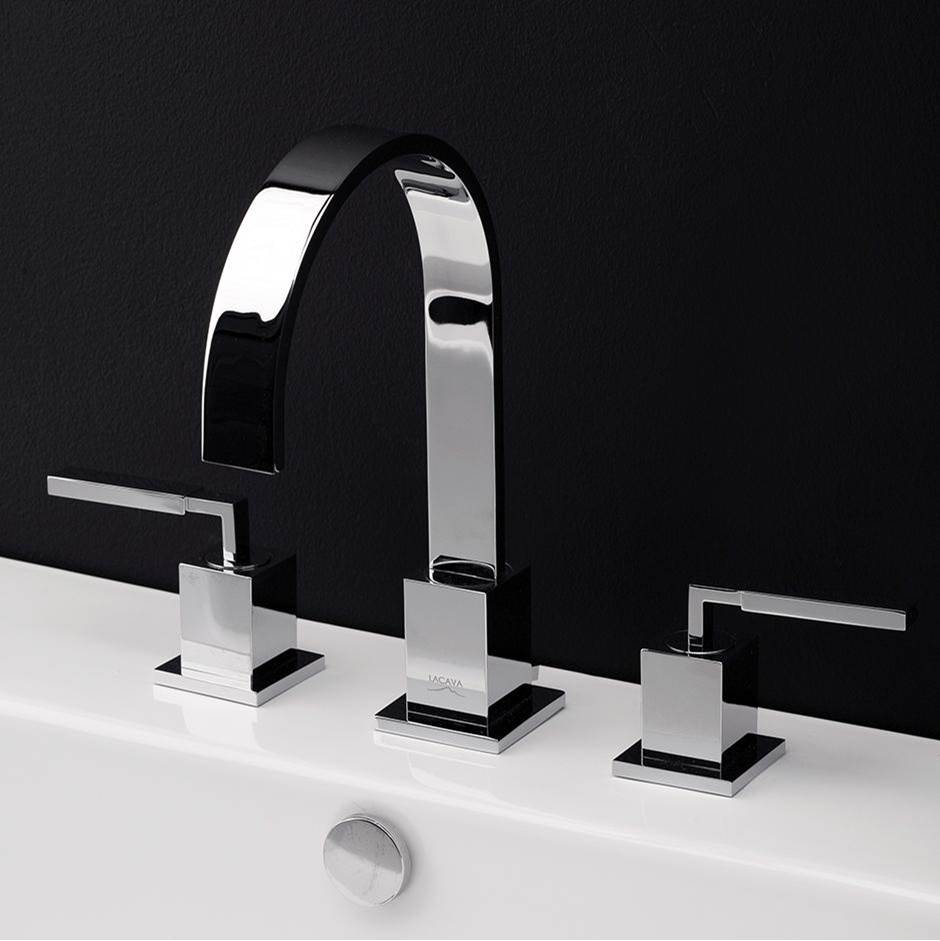 Henry Kitchen and BathLacavaDeck-mount three-hole faucet with an arch spout featuring natural water flow, two lever handles, pop-up deain included.