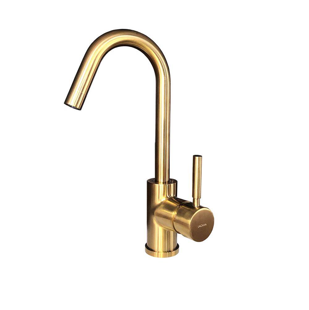 Henry Kitchen and BathLacavaDeck-mount single-hole faucet with a goose-neck swiveling spout, one lever handle, and a pop-up drain.