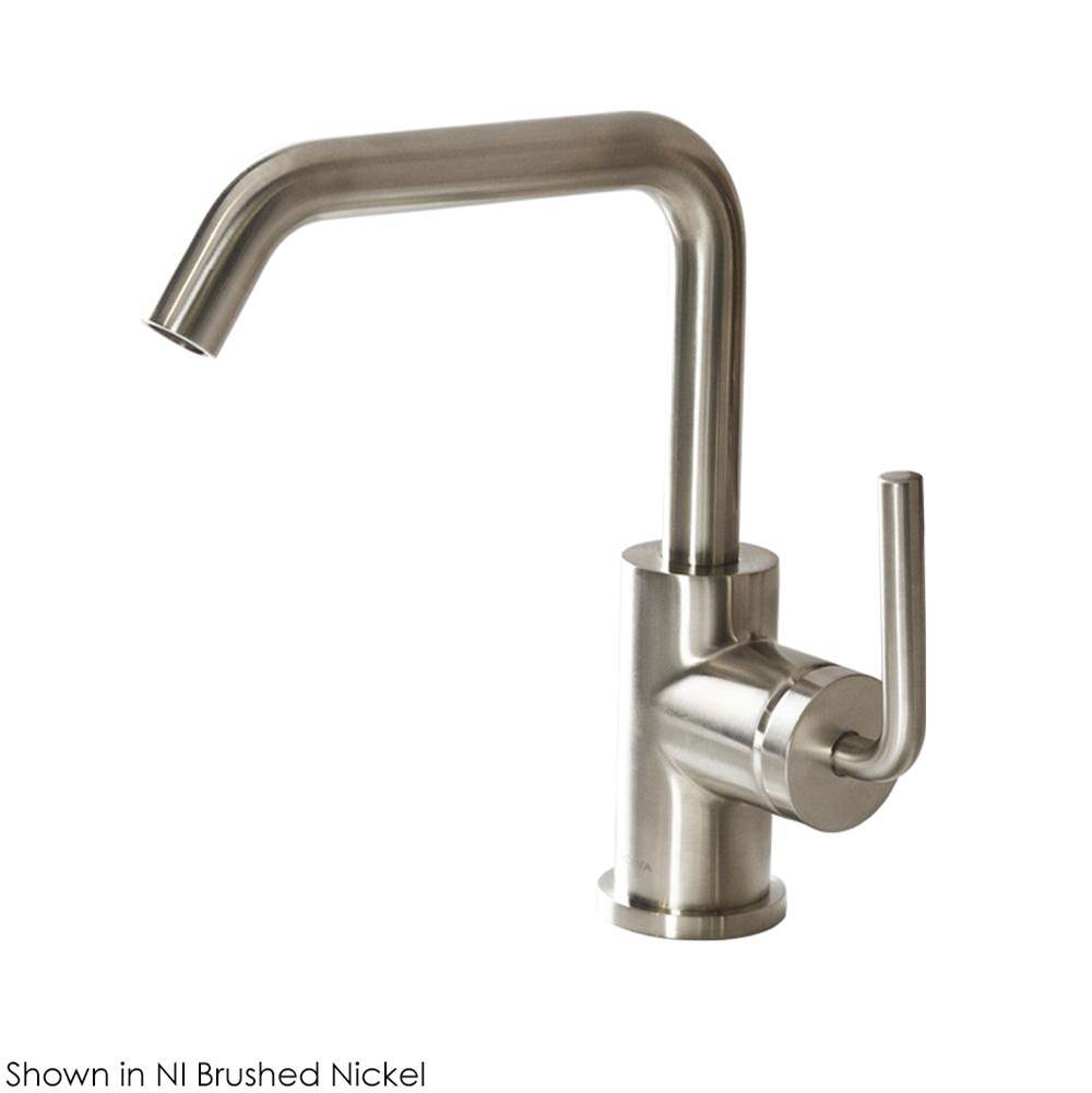 Henry Kitchen and BathLacavaDeck-mount single-hole faucet with a squared-gooseneck swiveling spout, one curved lever handle, and a pop-up drain.