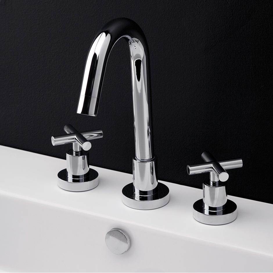 Henry Kitchen and BathLacavaDeck-mount three-hole faucet with a goose-neck swiveling spout, two cross handles, and a pop-up drain.
