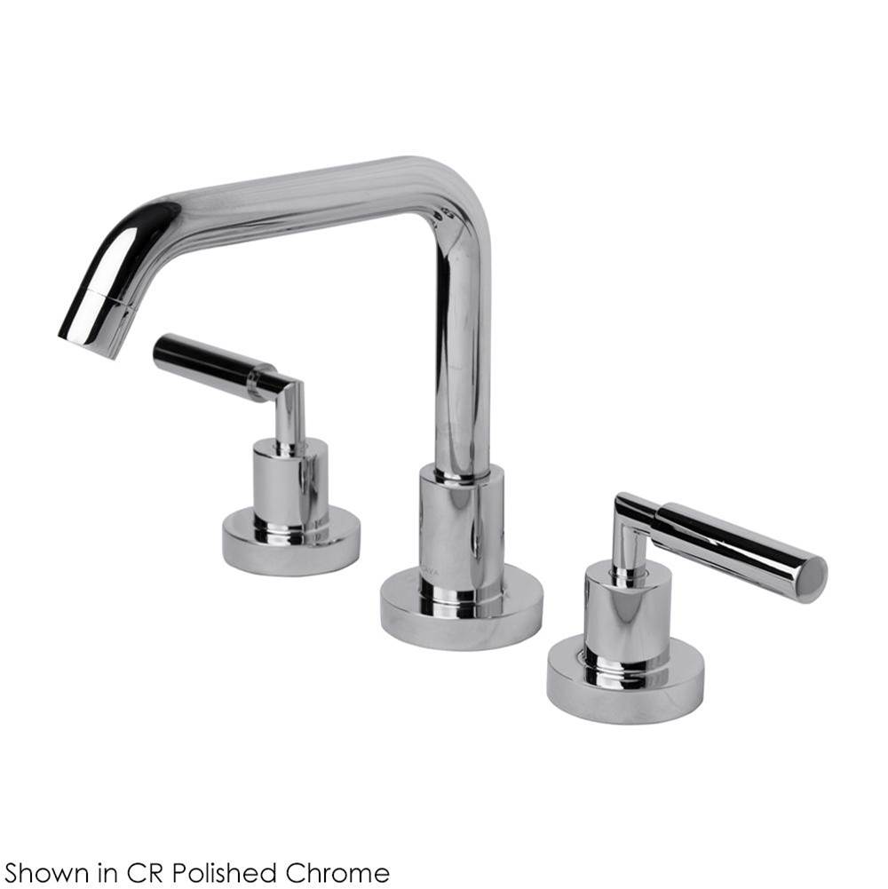 Henry Kitchen and BathLacavaDeck-mount three-hole faucet with a square-neck swiveling spout, two lever handles, and a pop-up drain.