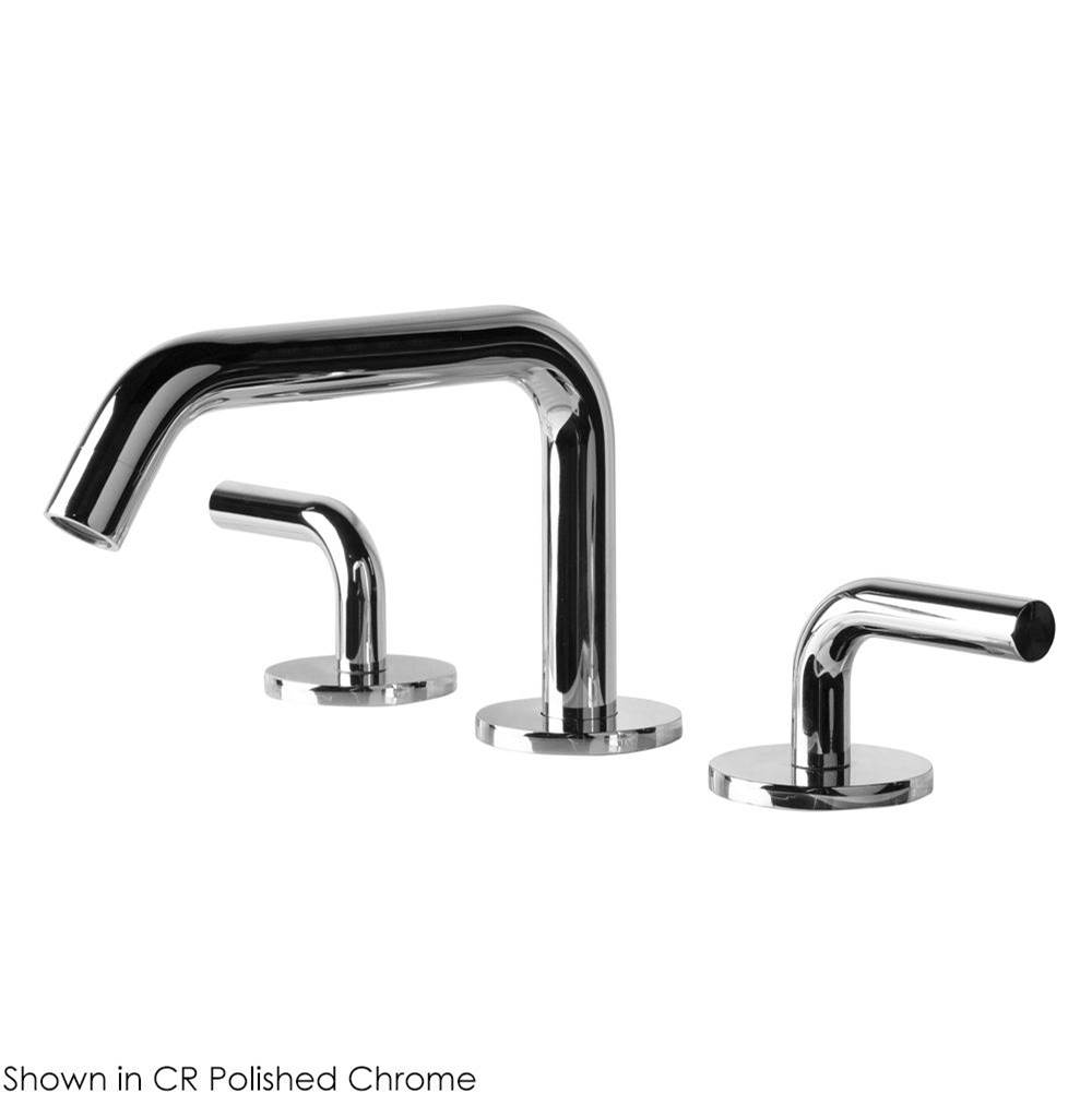 Henry Kitchen and BathLacavaDeck-mount three-hole faucet with a squared-gooseneck swiveling spout, and a click clack drain two curved lever handles.
