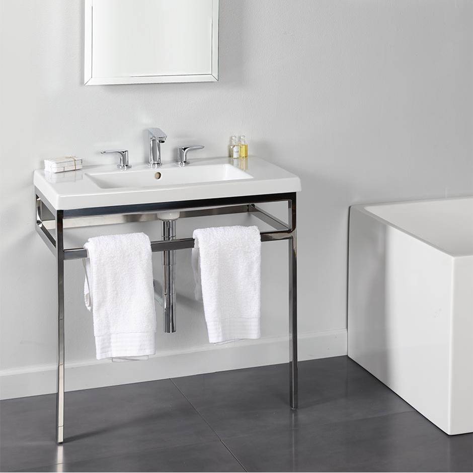 Henry Kitchen and BathLacavaFloor-standing metal console stand with a towel bar (Bathroom Sink 5212 sold separately), made of stainless steel or brass.