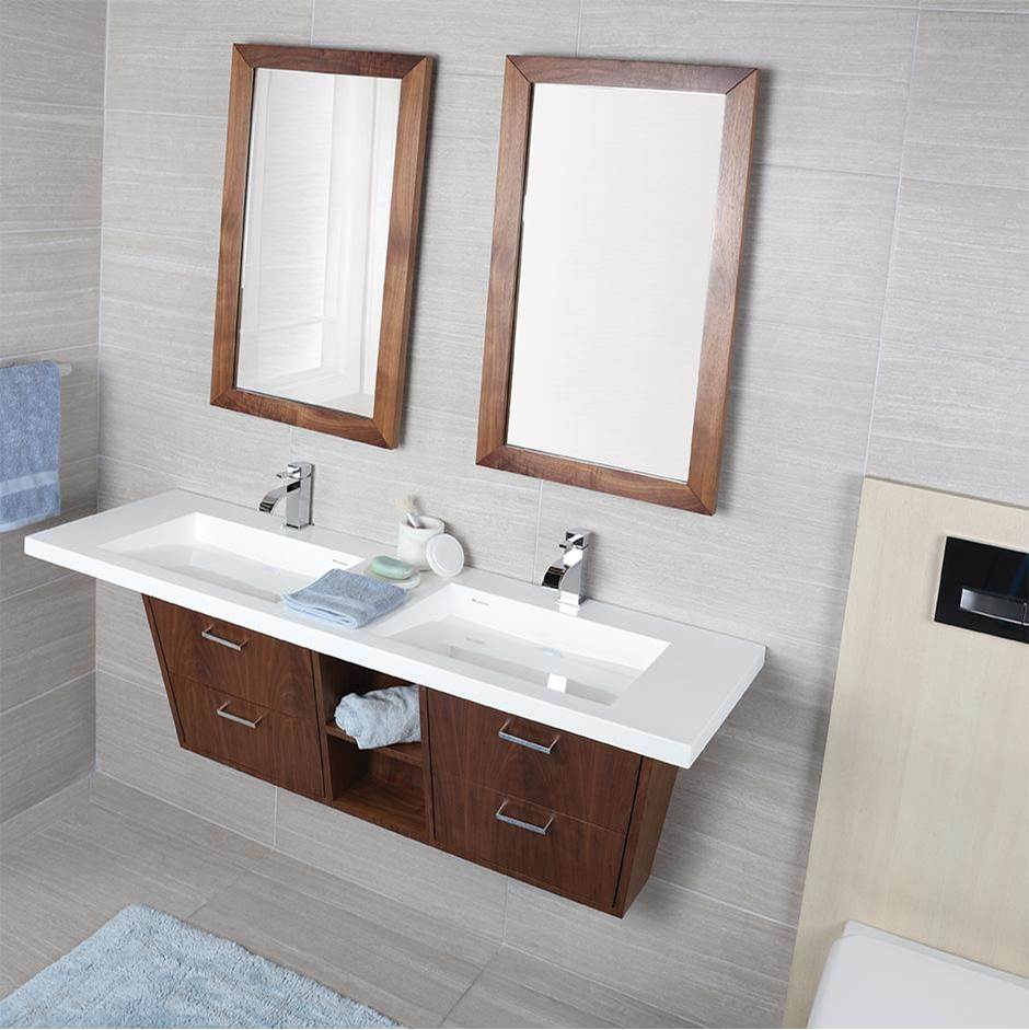 Henry Kitchen and BathLacavaWall-mount or vanity-top double Bathroom Sink made of solid surface with an overflow and decorative drain cover.