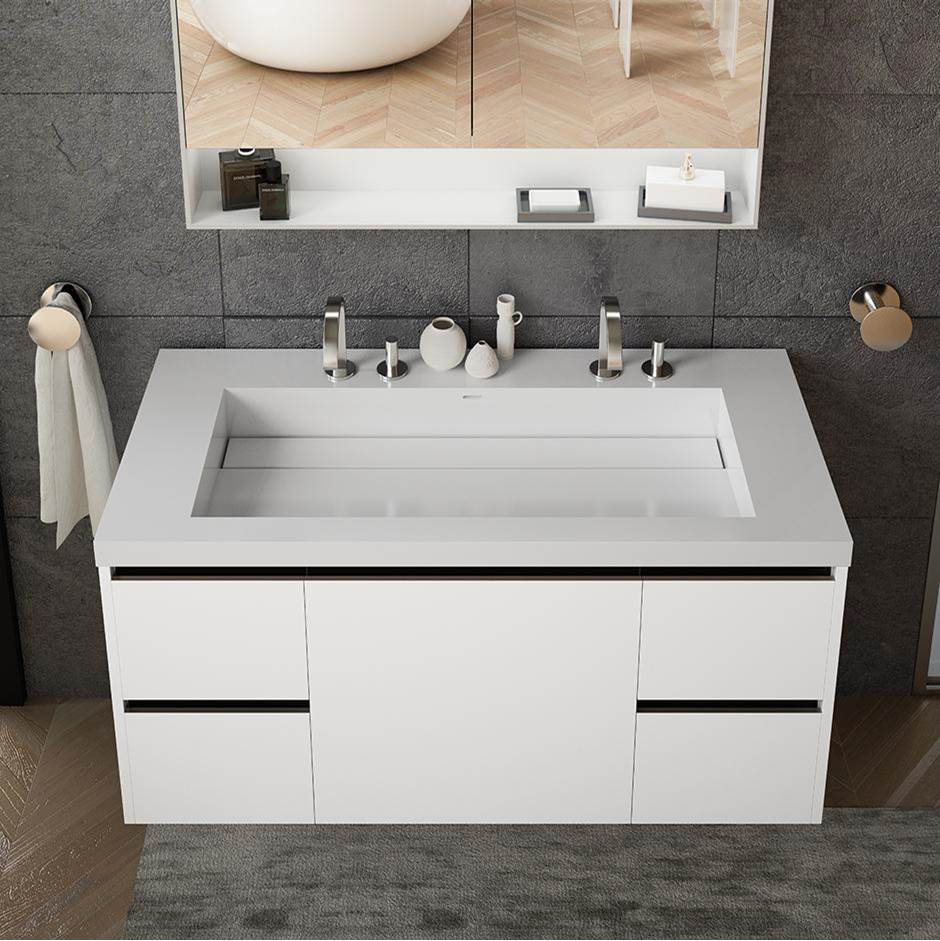 Henry Kitchen and BathLacavaVanity-top wide center-bowl Bathroom Sink made of solid surface, with an overflow and decorative drain cover.