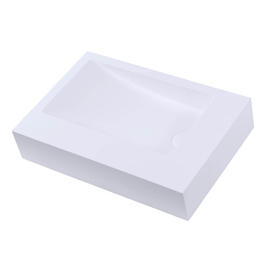 Henry Kitchen and BathLacavaVessel Bathroom Sink with deck on the left, made of solid surface, with an overflow and decorative drain cover.