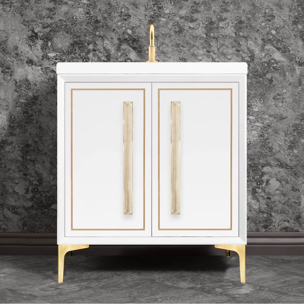 Henry Kitchen and BathLinkasinkLINEA with 18'' Artisan Glass Prism Hardware 30'' Wide Vanity, White, Satin Brass Hardware, 30'' x 22'' x 33.5'' (without vanity top)