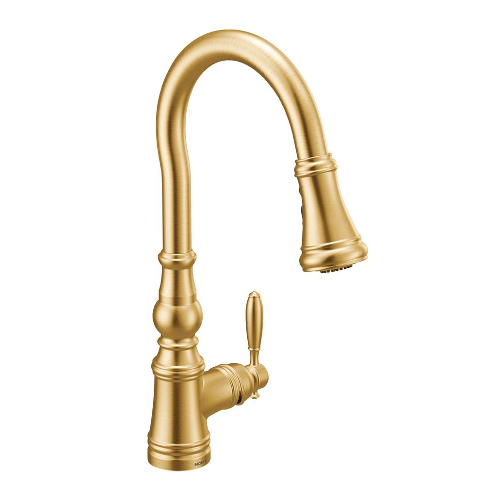 Henry Kitchen and BathMoenWeymouth Shepherd''s Hook Pulldown Kitchen Faucet Featuring Metal Wand with Power Boost, Brushed Gold